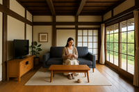 住居風のモダン古民家に編み物をしている女.png
